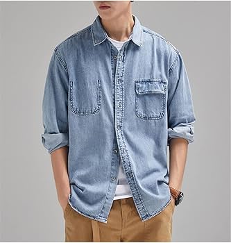 Amazon.co.jp: メンズソリッドデニムシャツファッションクラシック